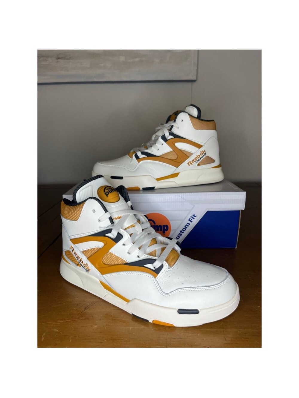 NWT Reebok Men’s White Mustard High-Top Pump Omni Zone II Basketball Sneakers